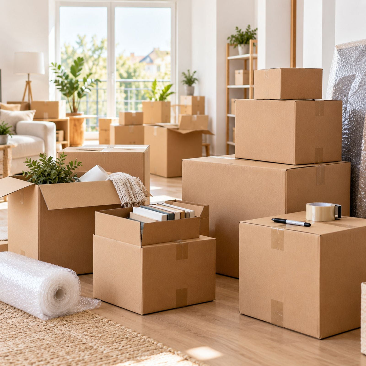 Cartons de déménagement Dressing Malin dans un salon, avec papier bulle et matériel d’emballage
