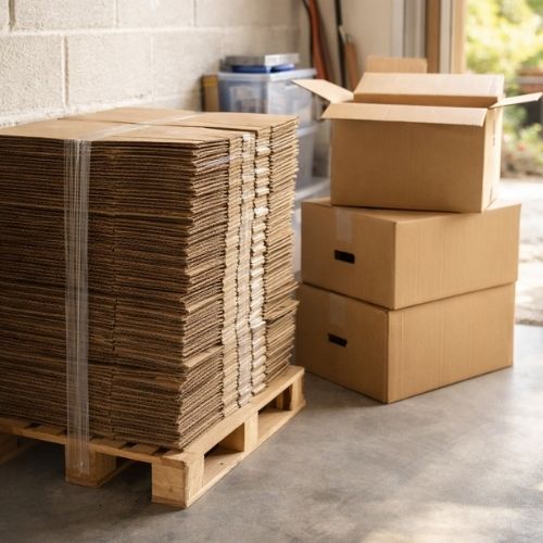 Cartons de déménagement vides aplatis et stockés correctement