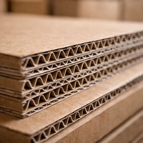 Vue en gros plan de la structure interne d’un carton double cannelure montrant les deux couches ondulées entre les feuilles de kraft.