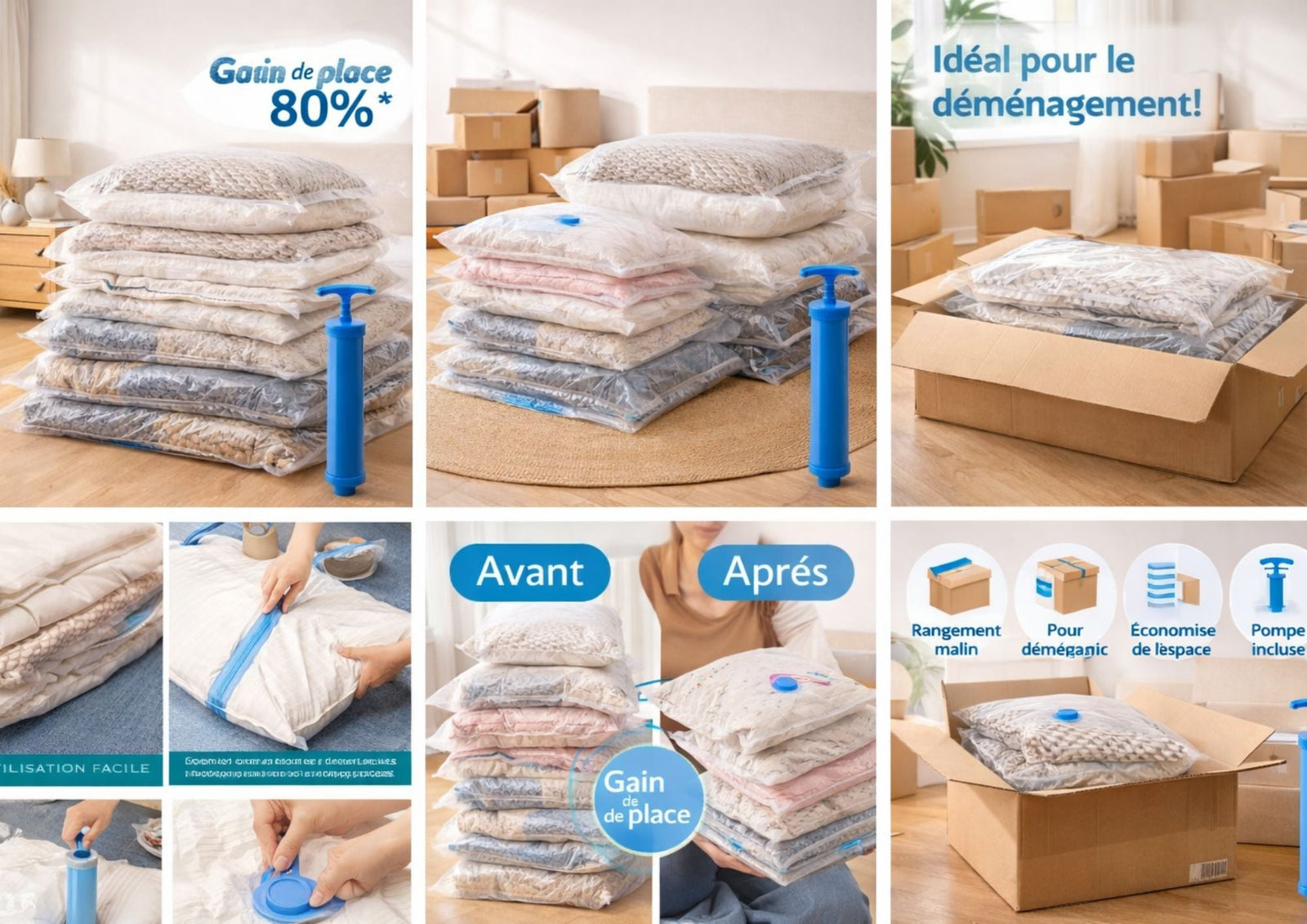 Dressing bien organisé avec des sacs sous vide transparents contenant des vêtements et couettes compressés, rangés sur des étagères