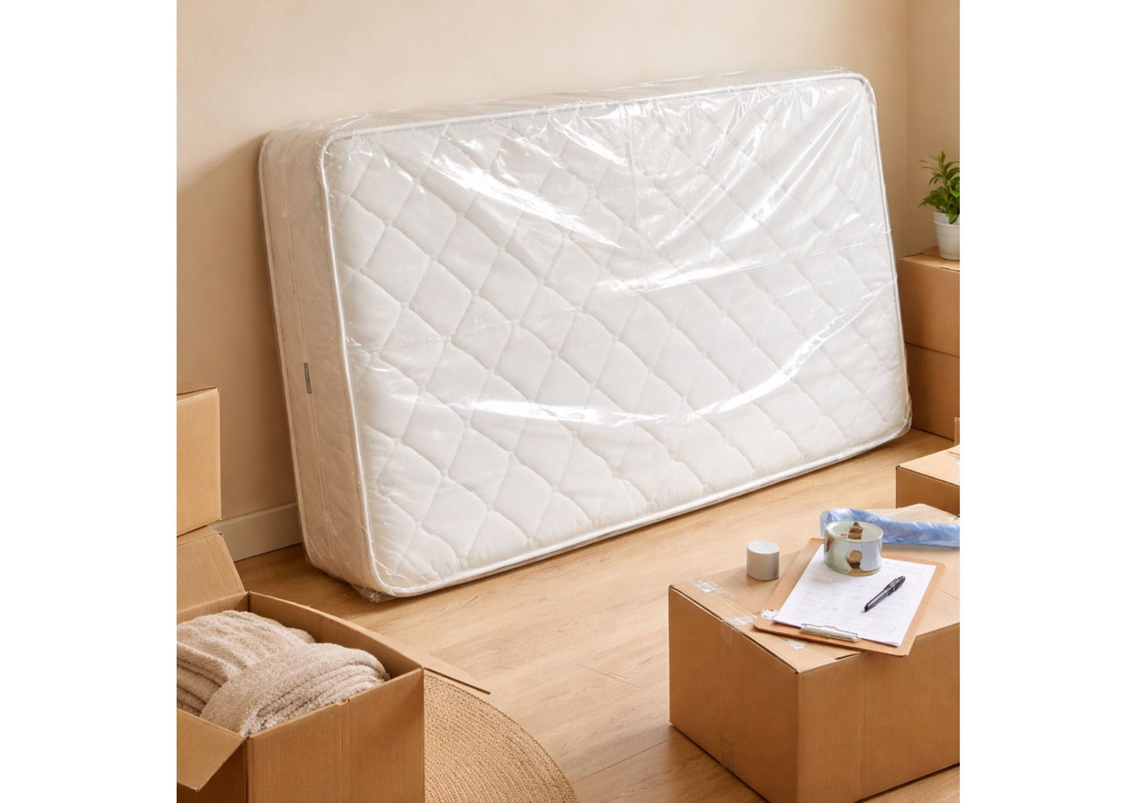 Matelas emballé dans une housse de protection pour déménagement