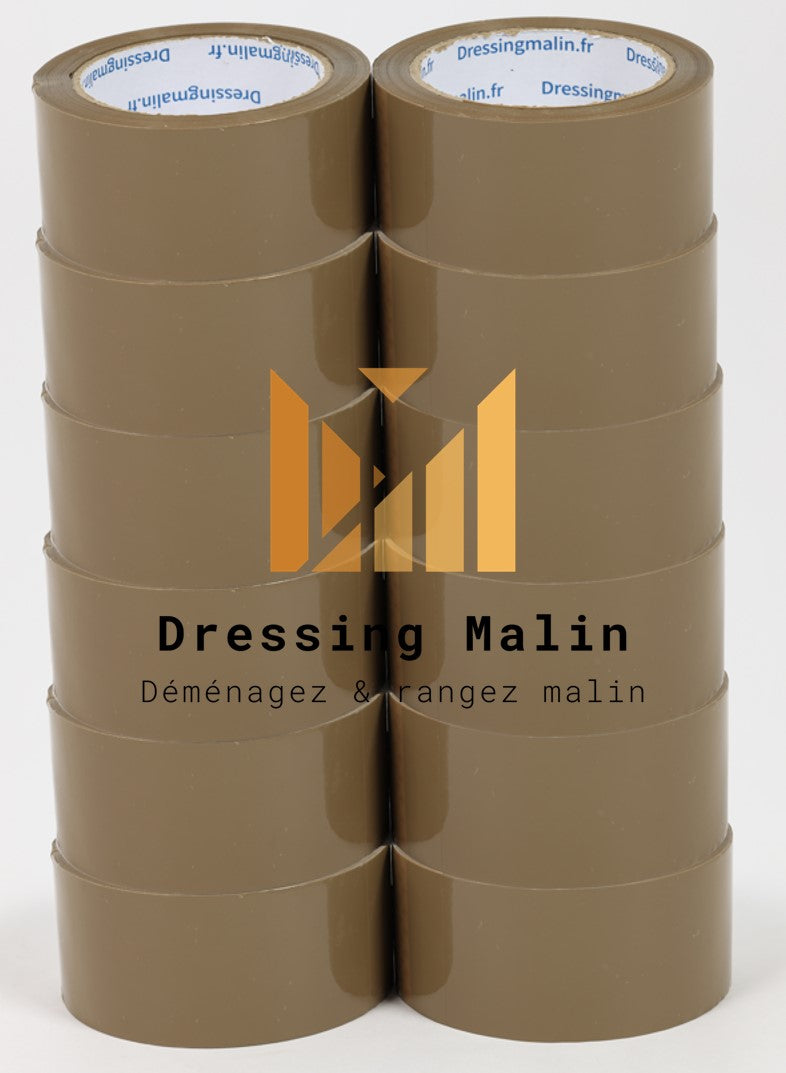 Lot de 12 rouleaux d’adhésif havane – parfaits pour fermer cartons de déménagement ou colis.