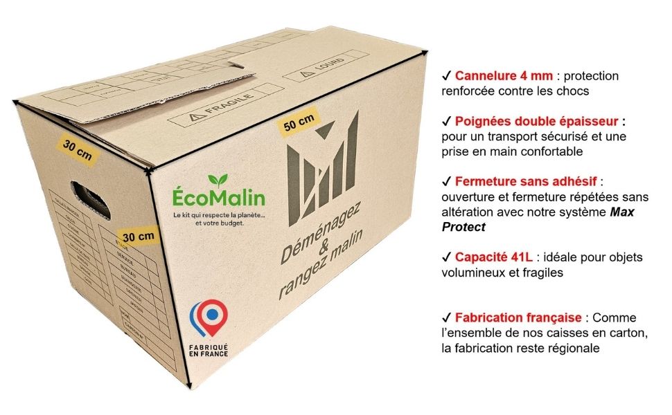 Carton 50×30×30 cm – 41L avec poignées et fermeture sans scotch. Robuste, pratique et recyclable.
