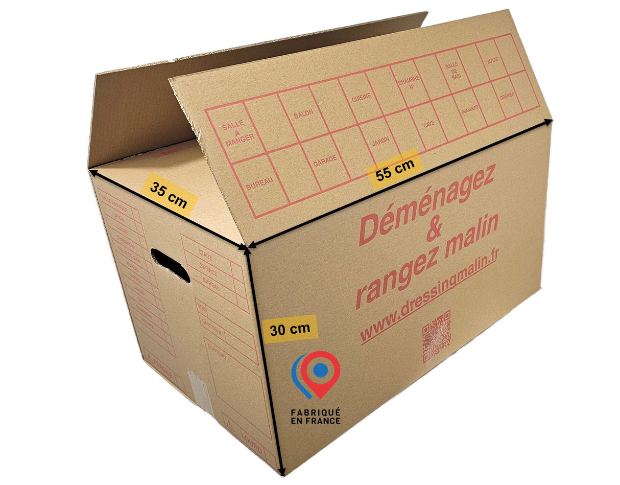 Carton renforcé 57L avec poignées, idéal pour transporter objets lourds ou fragiles en toute sécurité.