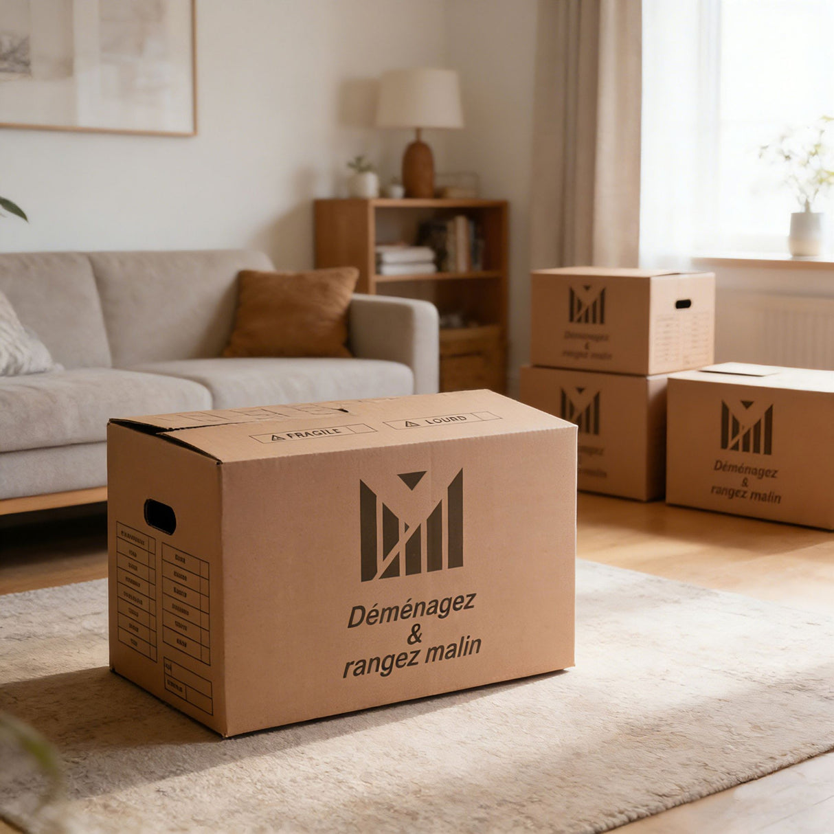 Lot de 10 cartons 50x30x30 cm – 41 l + Poignées + Adhésif offert