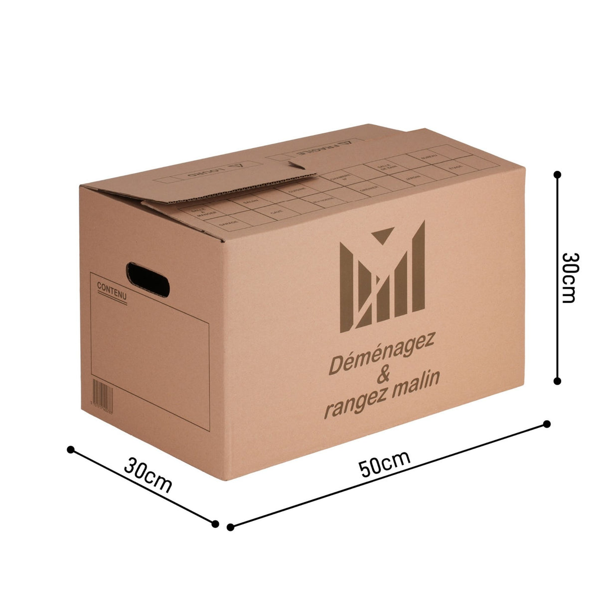 Lot de 10 cartons 50x30x30 cm – 41 l + Poignées + Adhésif offert