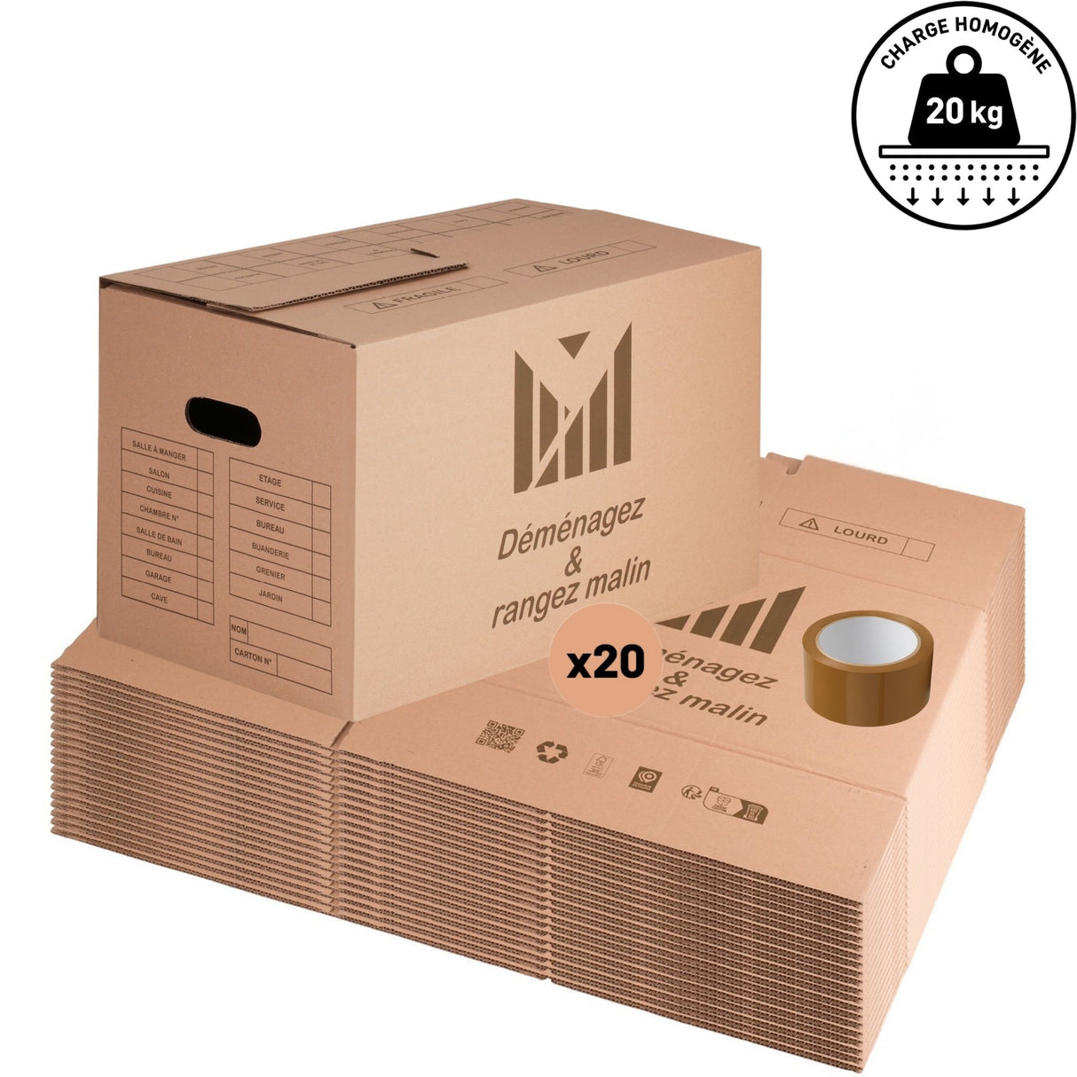 Lot de 20 cartons 50x30x30 cm - 41L - poignées renforcées double épaisseur + 1 rouleau adhésif 68 m