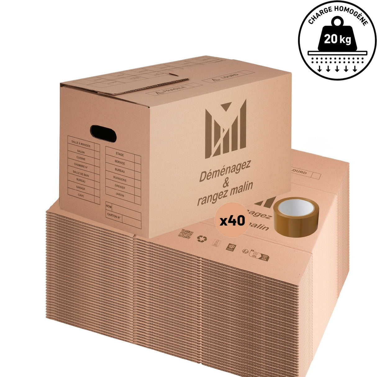 Lot de 40 cartons 50x30x30 cm - 41L - poignées renforcées double épaisseur + 1 rouleau adhésif 68 m