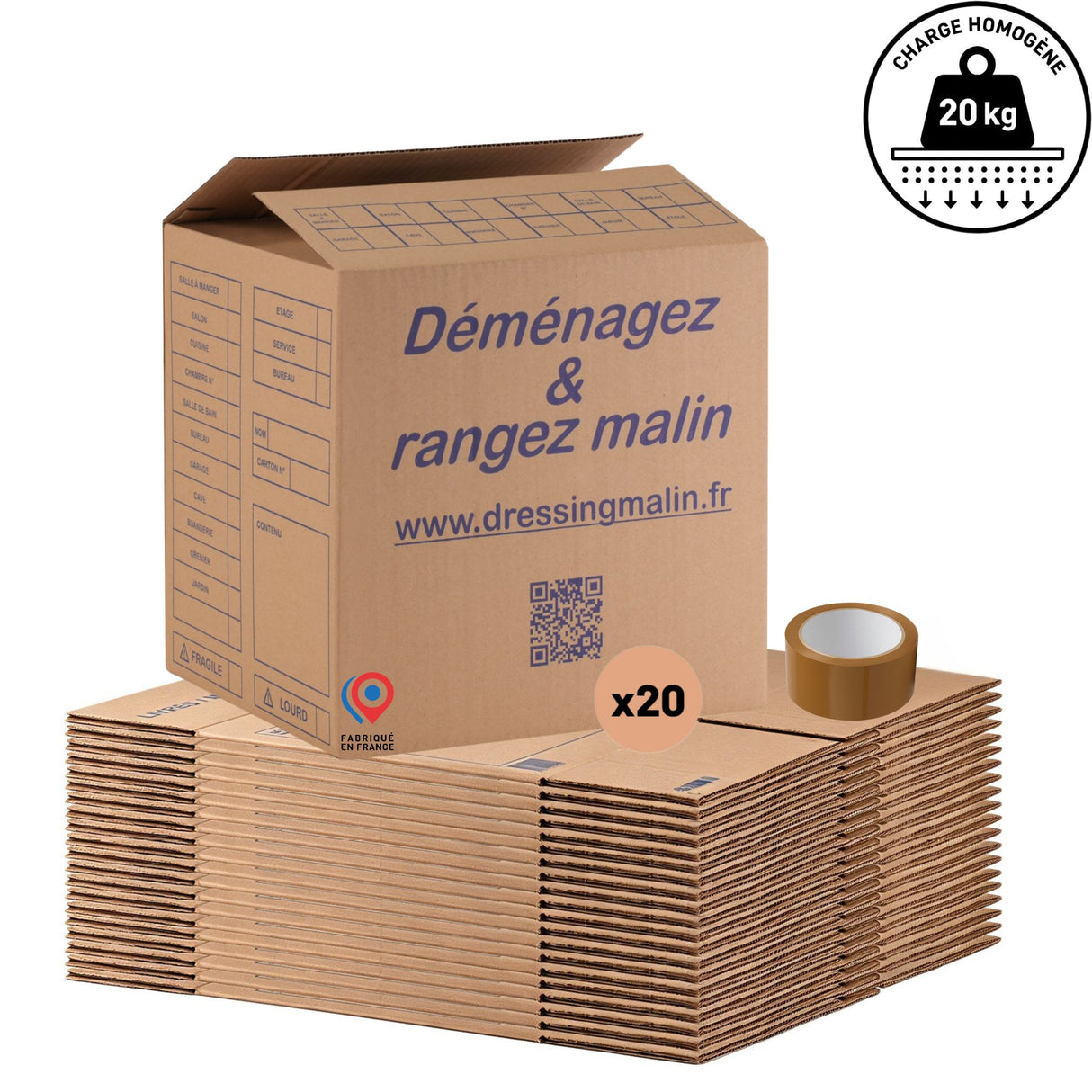 Lot de 20 Cartons Livre 34x26x32 cm - 28L + 1 Adhésif