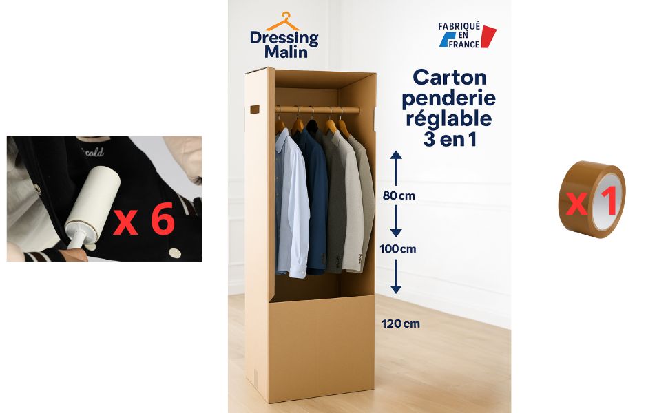 Carton penderie réglable 3 en 1 avec tringle intégrée