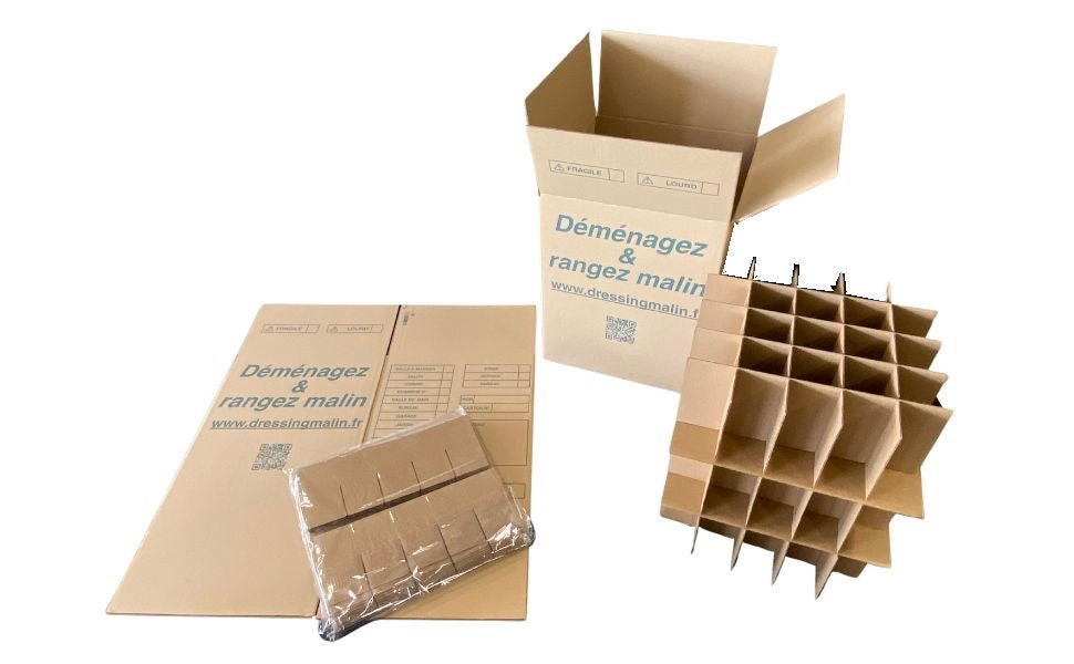 Lot carton grand volume et séparateur 75 verres pour transport sécurisé de verrerie fragile.