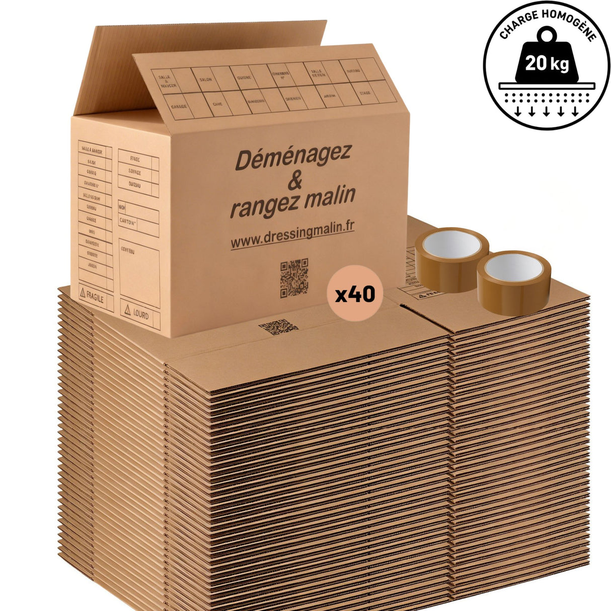 Lot de 40 cartons standard 55x35x30 cm - 57L + 2 rouleaux adhésif 68 m