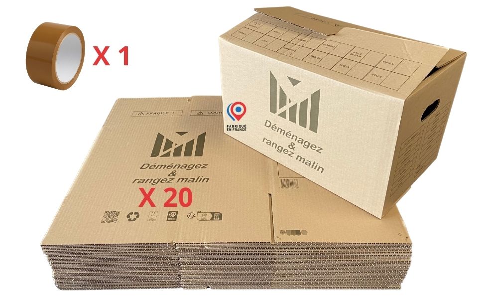 Lot de 20 cartons 50×30×30 cm renforcés avec poignées + rouleau adhésif – parfaits pour déménagement ou stockage.