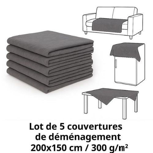 Lot de 5 couvertures de déménagement 2x1,5 m – Protection épaisse 300 g/m²