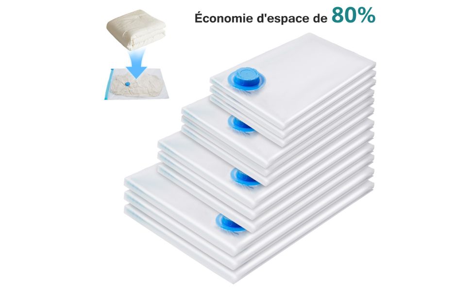 Lot de 12 housses sous vide avec pompe – 4 tailles pour vêtements, linge, couettes, accessoires.