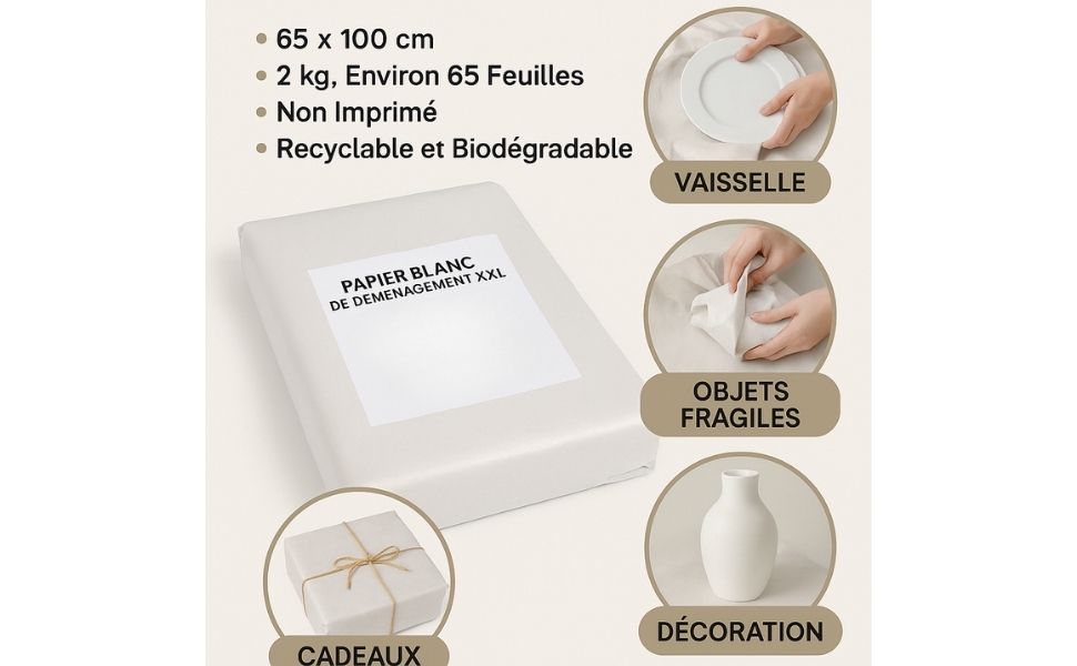 Papier blanc déménageur 2 kg – Feuilles 65x100 cm pour emballage