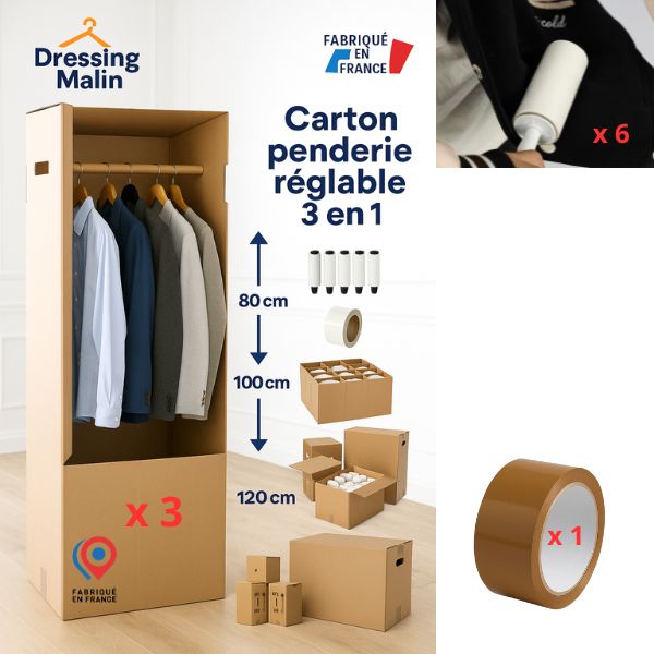 Lot de 3 cartons Penderie double cannelure Modulable 50x50x120 cm – 300L avec tringle + 6 brosses adhésives + 1 rouleau adhésif