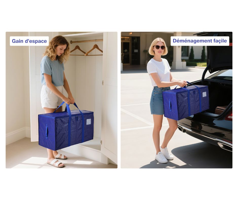 Sac de rangement bleu pratique, transporté dans le coffre d’une voiture lors d’un déménagement