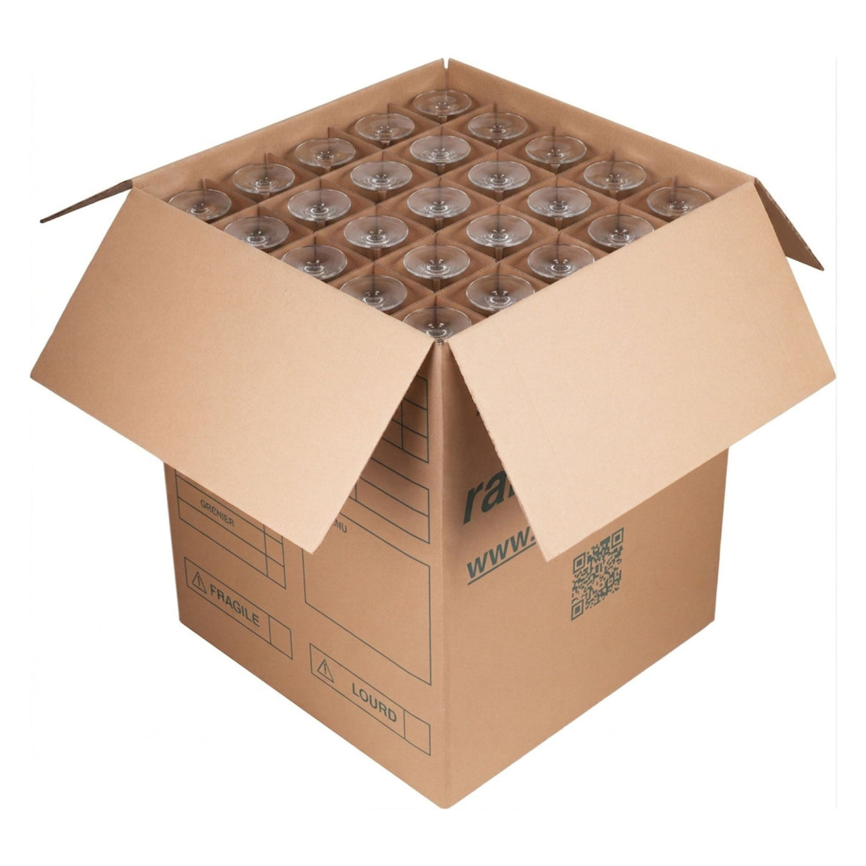 Carton grand volume double cannelure 45x45x56.5 cm - 114L + séparateur 24 assiettes + séparateur 75 verres
