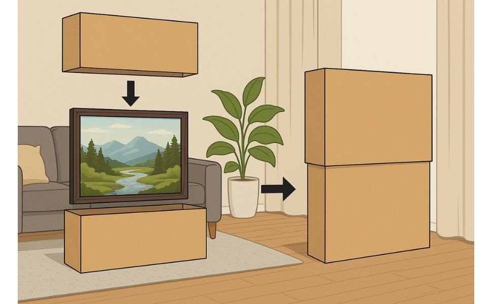 Cadre encadré ou tableau inséré dans un carton spécial en deux parties pour déménagement sécurisé