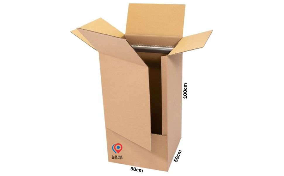 Carton penderie 50x50x100 cm avec tringle plastique, 250 litres, pour vêtements sur cintres