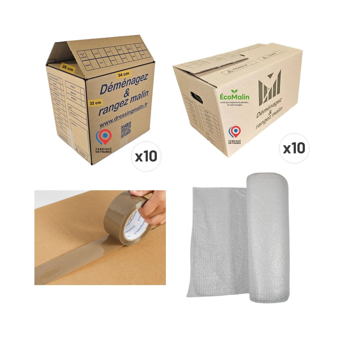 Kit de déménagement T1 pour studio avec cartons, adhésif, papier bulle et marqueur
