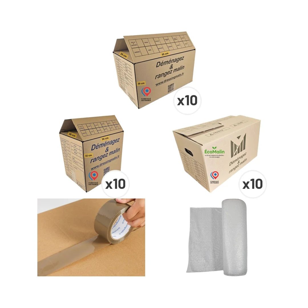 Kit de déménagement T2 avec cartons, papier bulle et adhésif pour appartement 2 pièces