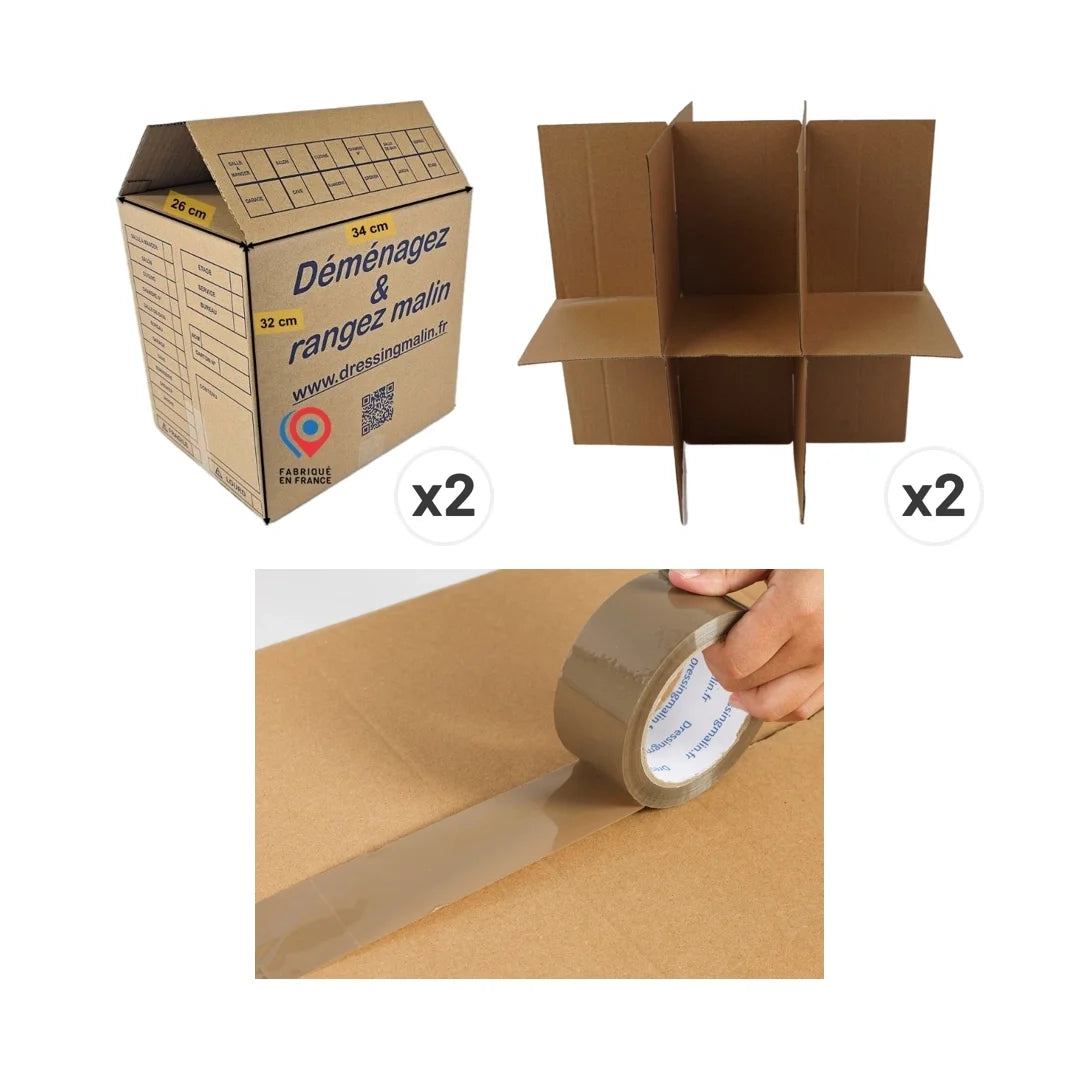 Kit de déménagement complet avec 2 cartons, séparateurs pour verres à pied et rouleau adhésif