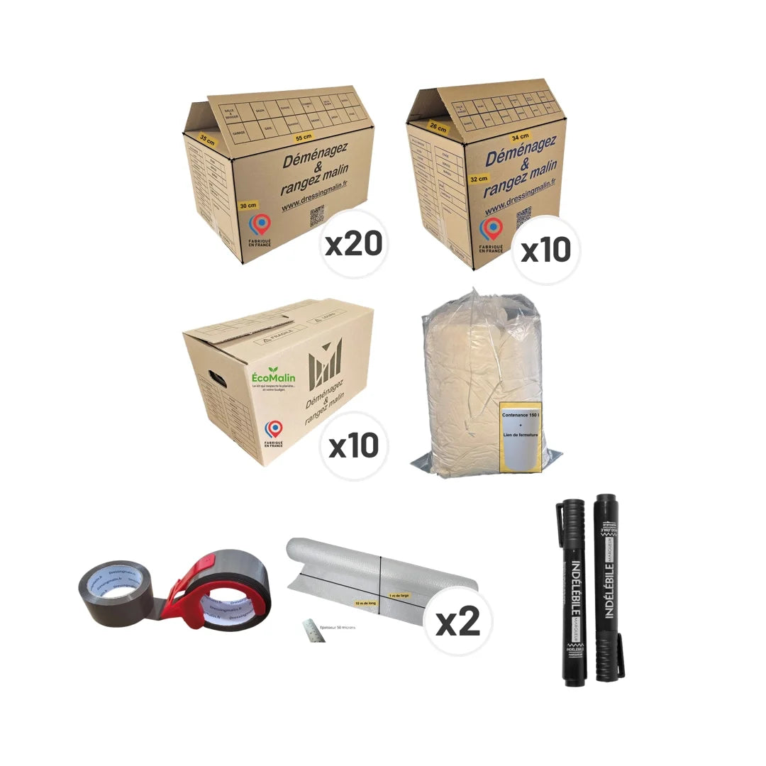 Kit déménagement T3 avec 40 cartons, sac fourre-tout, papier bulle, adhésif et 2 marqueurs