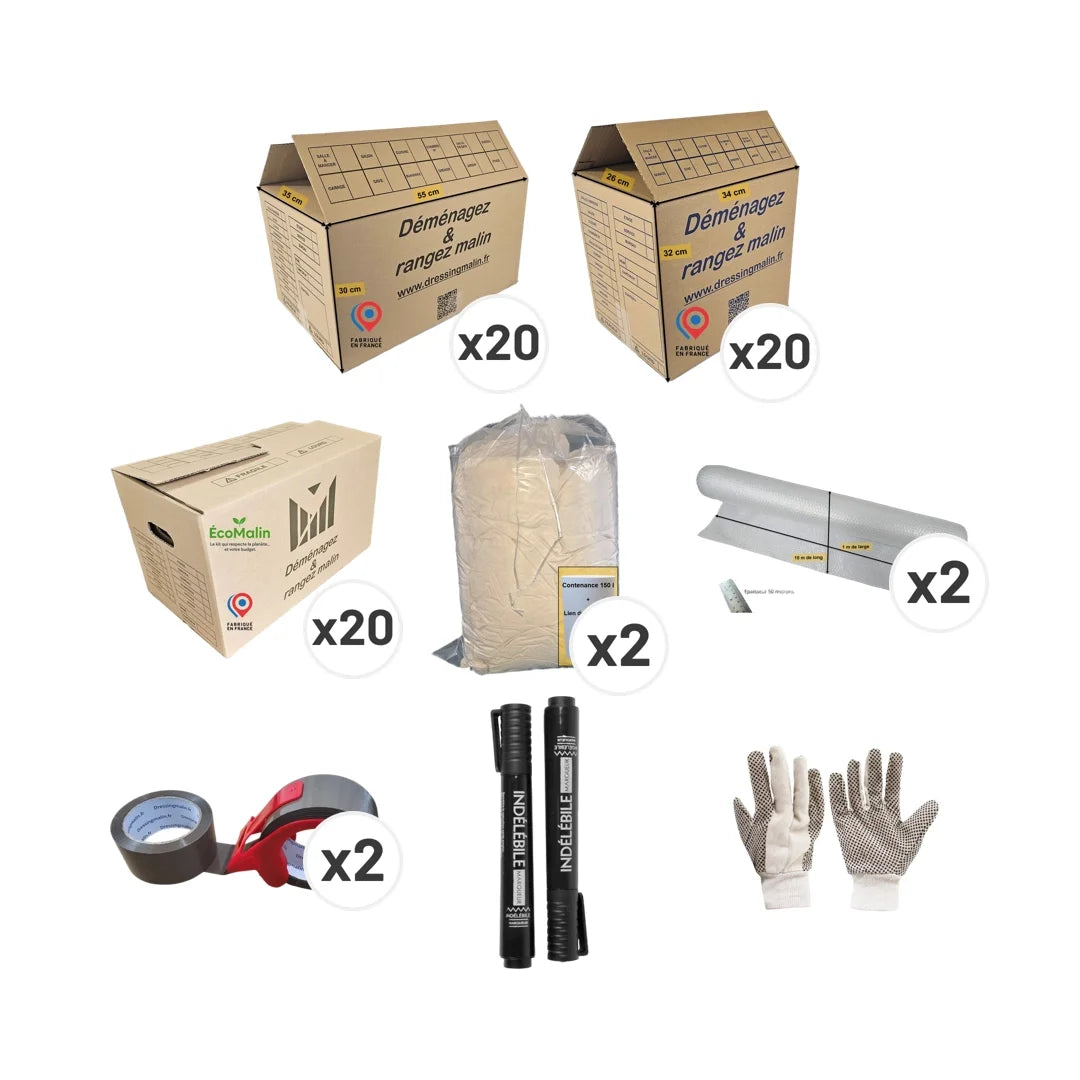 Kit déménagement T4 avec 60 cartons, gants, sac fourre-tout, papier bulle, adhésif et 2 marqueurs pour maison familiale