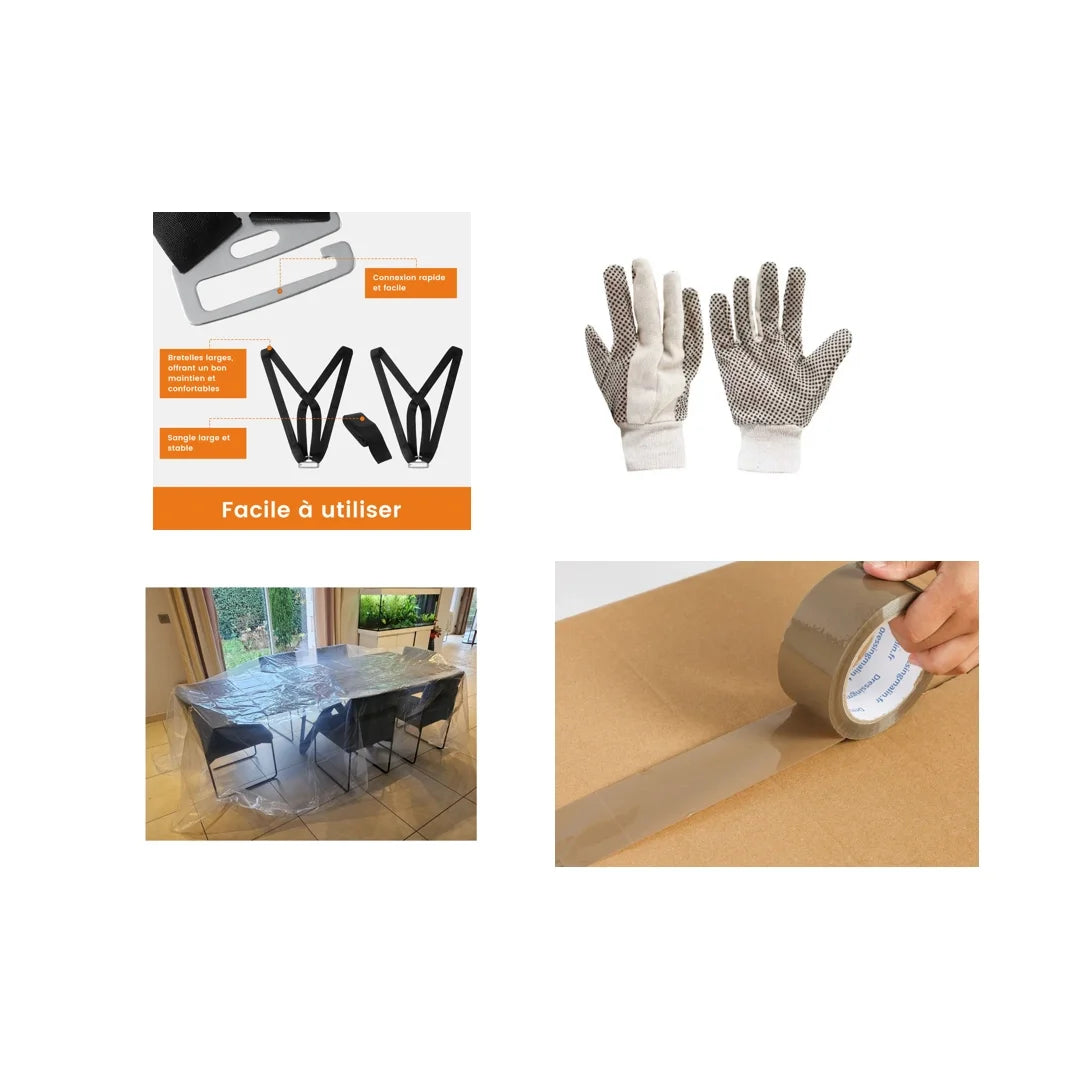 Kit complet de déménagement avec 2 harnais de levage, gants antidérapants, bâche plastique 3x4 m et rouleau adhésif 68 m – pour soulever, protéger et sécuriser