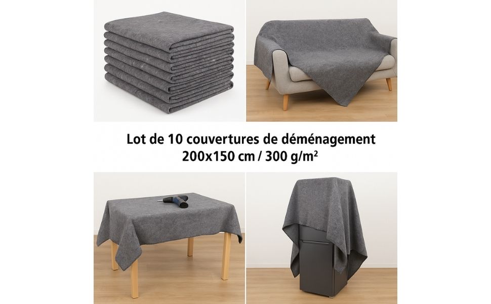 Lot de 10 couvertures de déménagement 200x150 cm 300 g/m², protection épaisse et réutilisable