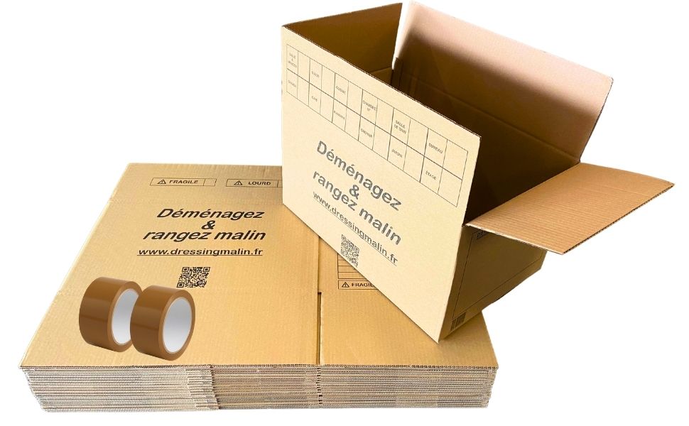 Lot de 40 cartons de déménagement 55x35x30 cm avec 2 rouleaux adhésif havane