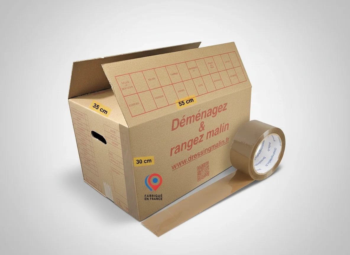 Lot de cartons de déménagement 55x35x30 cm avec poignées renforcées et rouleau d’adhésif offert, idéal pour objets lourds ou fragiles.