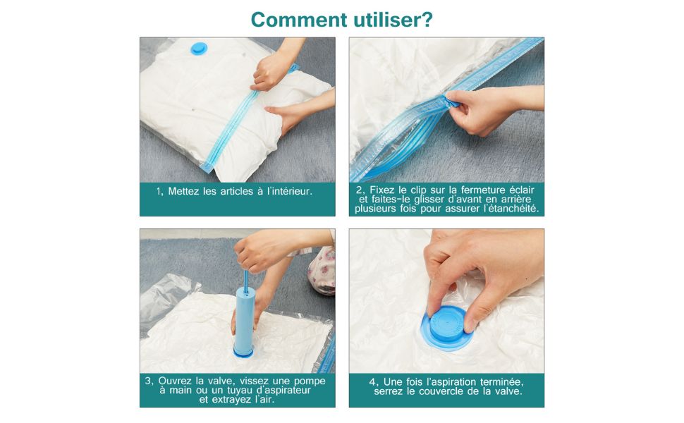 Étapes d’utilisation d’un sac de rangement sous vide : insertion des articles, fermeture avec clip, extraction de l’air avec pompe ou aspirateur, puis verrouillage de la valve