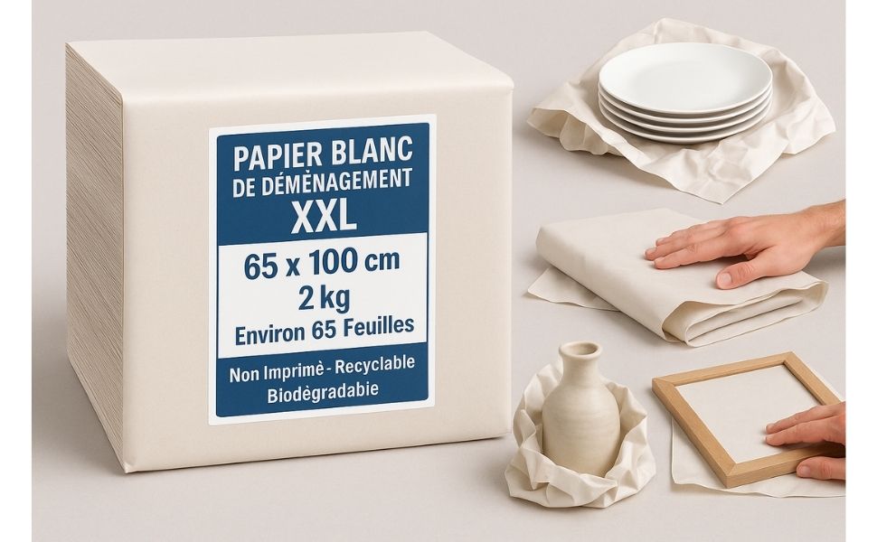 Ramette de papier blanc XXL 65x100 cm non imprimé, idéale pour emballer objets fragiles lors d’un déménagement, recyclable et biodégradable