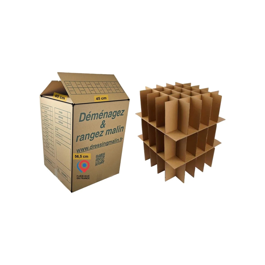 Lot carton grand volume et séparateur 75 verres pour transport sécurisé de verrerie fragile.