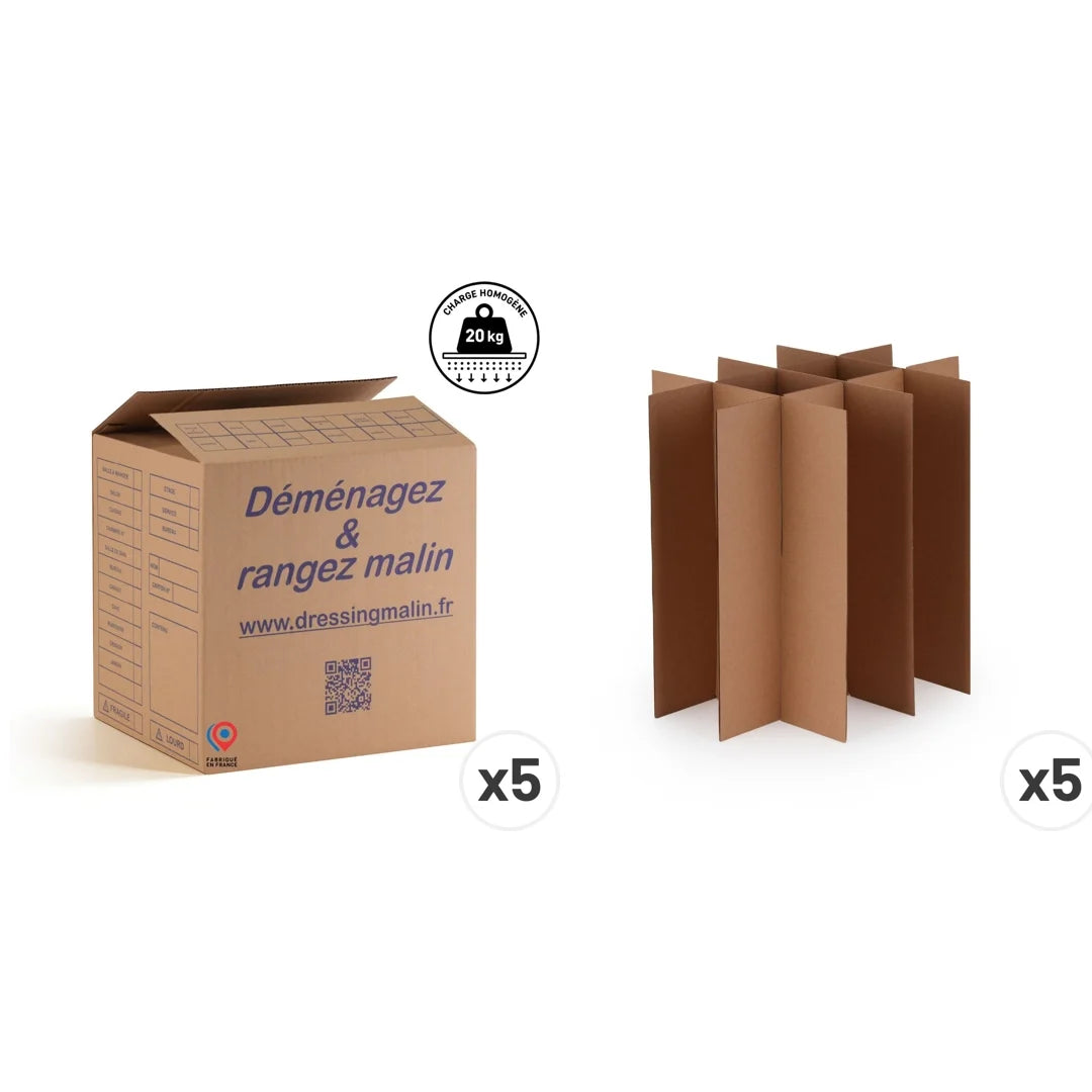 Lot de 5 cartons livre multi-usage 34x26x32 cm – 28 L avec croisillons 12 bouteilles