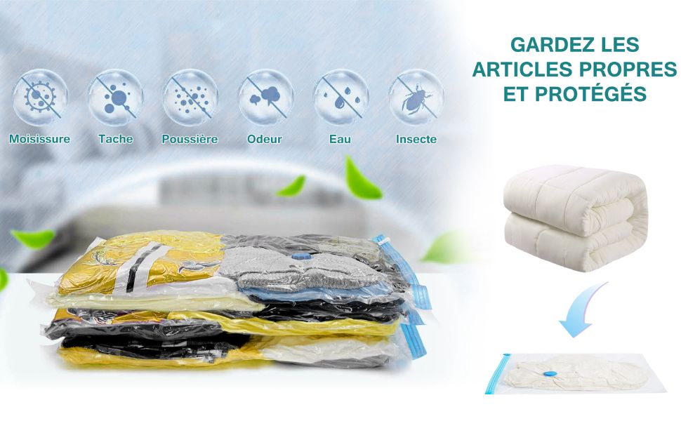 Sacs de rangement sous vide protégeant les vêtements et couettes contre l’humidité, la moisissure, la poussière, les odeurs, les taches et les insectes