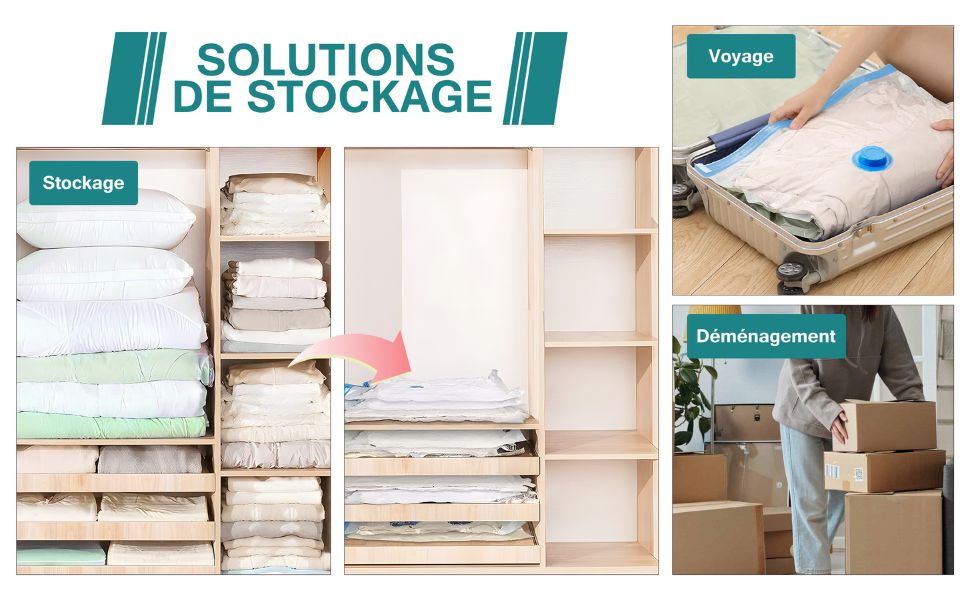 Illustration des sacs de rangement sous vide utilisés pour le stockage dans un placard, le gain de place en voyage et l’organisation d’un déménagement
