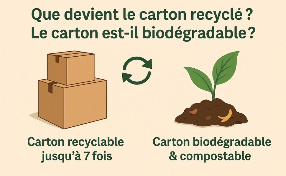 Infographie sur la transformation du carton recyclé et sa biodégradabilité naturelle
