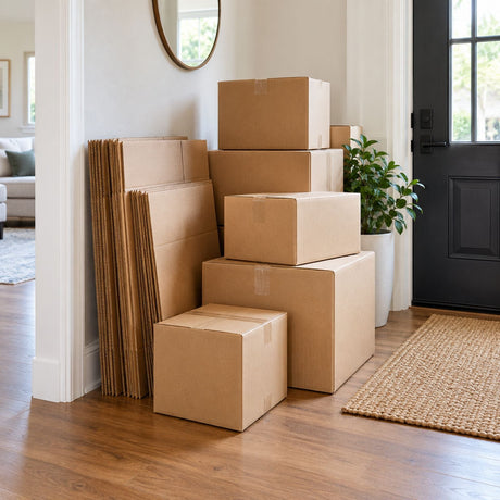 Pile de cartons de déménagement bruns de formats différents dans une entrée d’appartement, à côté de cartons neufs pliés à plat.