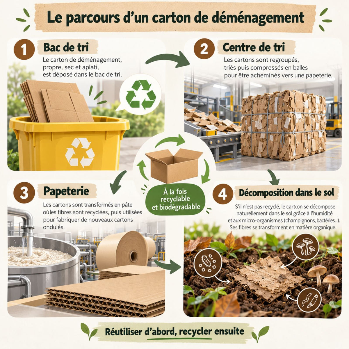 Infographie montrant le parcours d’un carton de déménagement, du bac de tri à la papeterie, puis sa décomposition dans le sol.
