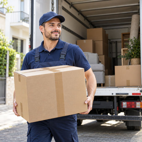 Déménageur portant un carton fermé à l’adhésif devant un camion de déménagement ouvert