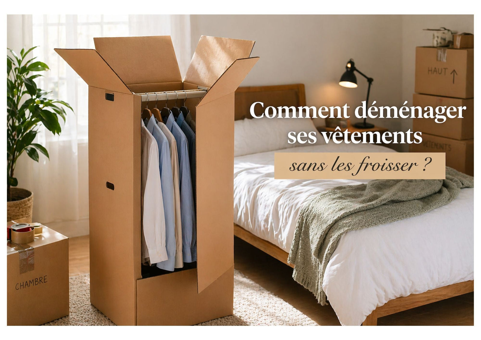 Vêtements sur cintres dans un carton penderie de déménagement — comment déménager sans froisser