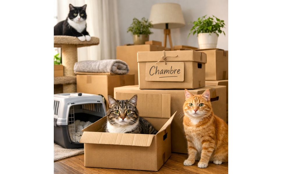 Plusieurs chats calmes dans un salon lumineux avec cartons de déménagement organisés