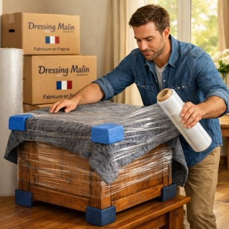 Homme protégeant un meuble en bois avec couverture de déménagement, coins en mousse et film étirable avant transport