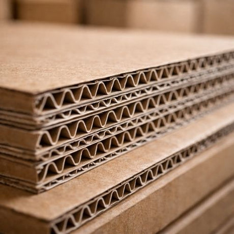 Vue en gros plan de la structure interne d’un carton double cannelure montrant les deux couches ondulées entre les feuilles de kraft.