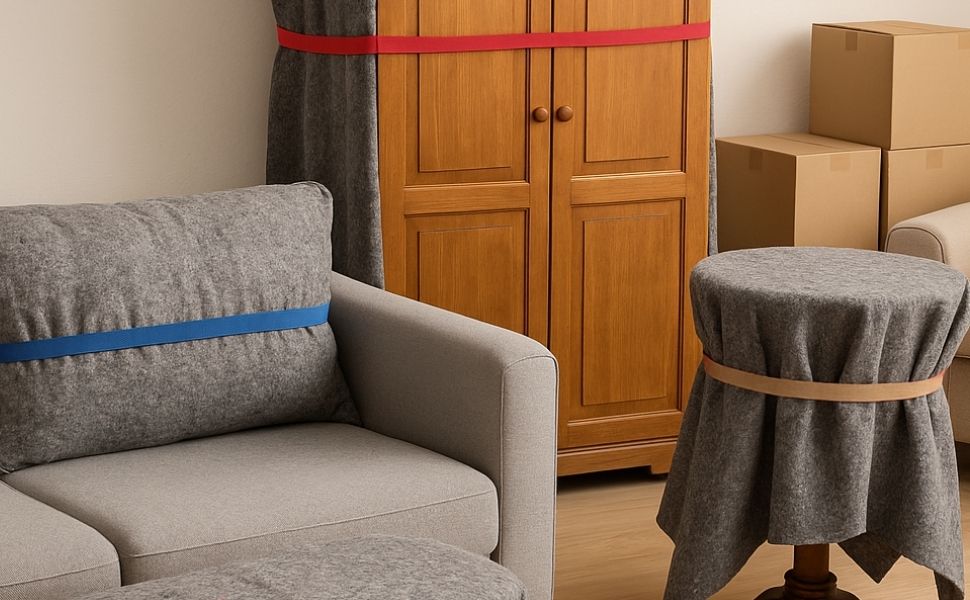 Trois meubles recouverts de couvertures de déménagement grises et maintenus par des bracelets caoutchouc colorés : bleu pour le plus grand, rouge pour les moyens et marron pour le plus petit, dans une pièce avec cartons et canapé en arrière-plan.