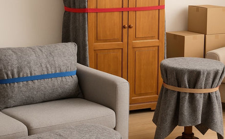 Trois meubles recouverts de couvertures de déménagement grises et maintenus par des bracelets caoutchouc colorés : bleu pour le plus grand, rouge pour les moyens et marron pour le plus petit, dans une pièce avec cartons et canapé en arrière-plan.